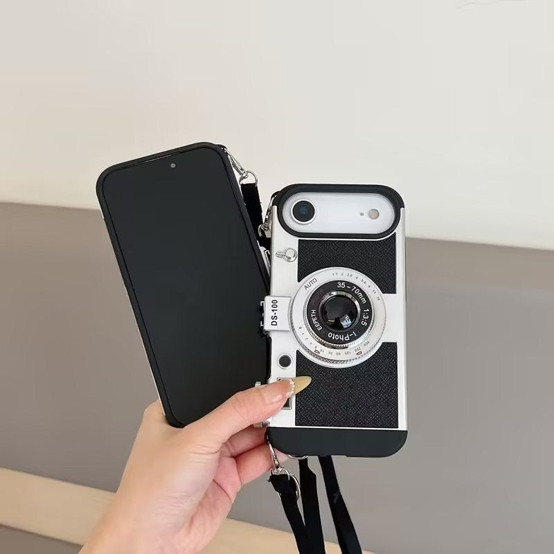 3D Vintage Camera Leather Case with Neck Lanyard For iPhone