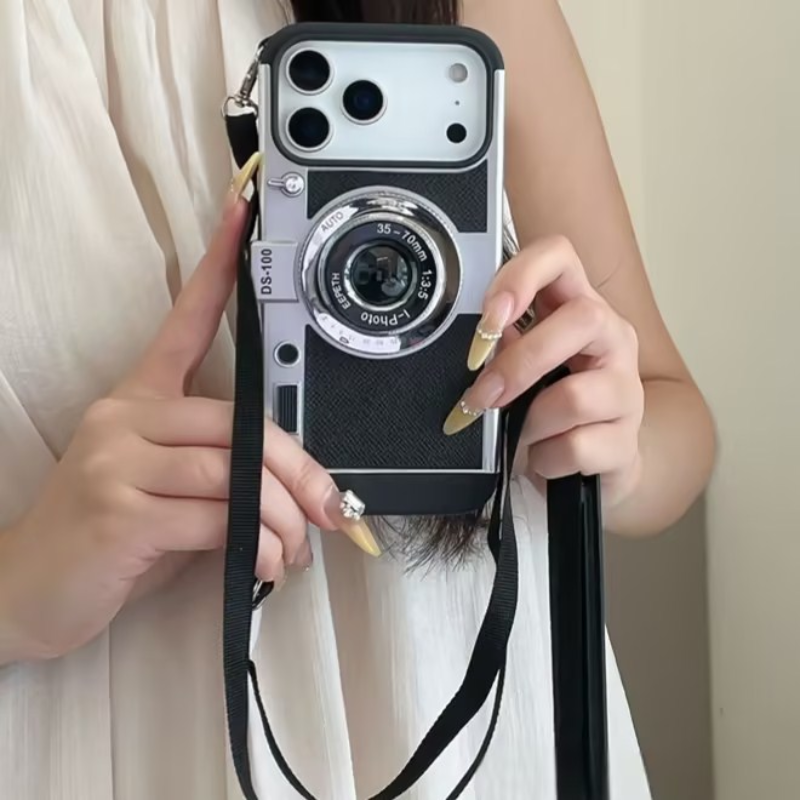 3D Vintage Camera Leather Case with Neck Lanyard For iPhone