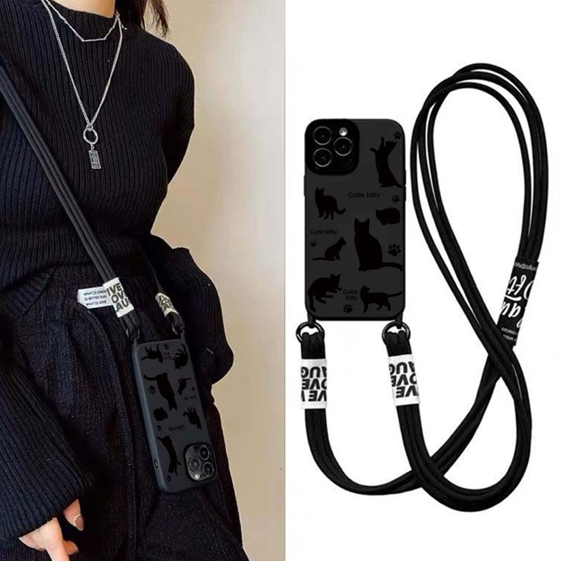 Cat Silhouette Mobile Phone Case with Lanyard For iPhone