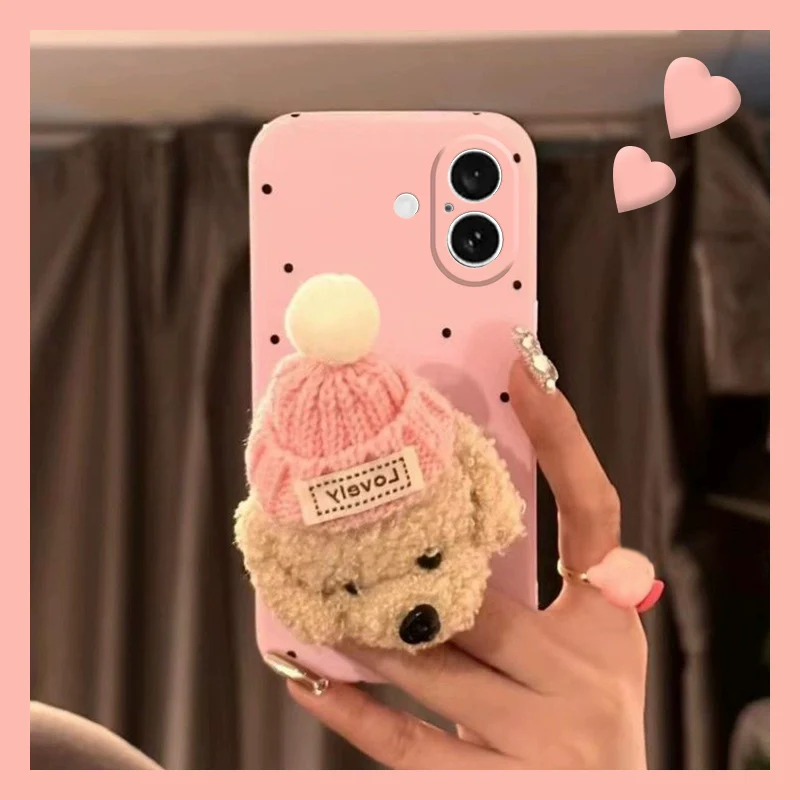 Pink Polka Dot 3D Plush Phone Case For iPhone