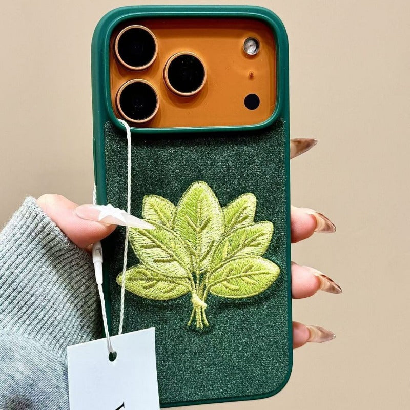 Velvet Green Embroidered Grapefruit Leaf Phone Case For iPhone
