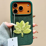 Velvet Green Embroidered Grapefruit Leaf Phone Case For iPhone