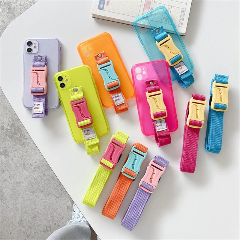 Fluorescent Lanyard Necklace Wrist Strap Holder Case For iPhone