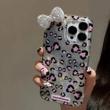 Colorful Leopard Blink Diamond Bowknot Lustre Lining Phone Case For iPhone