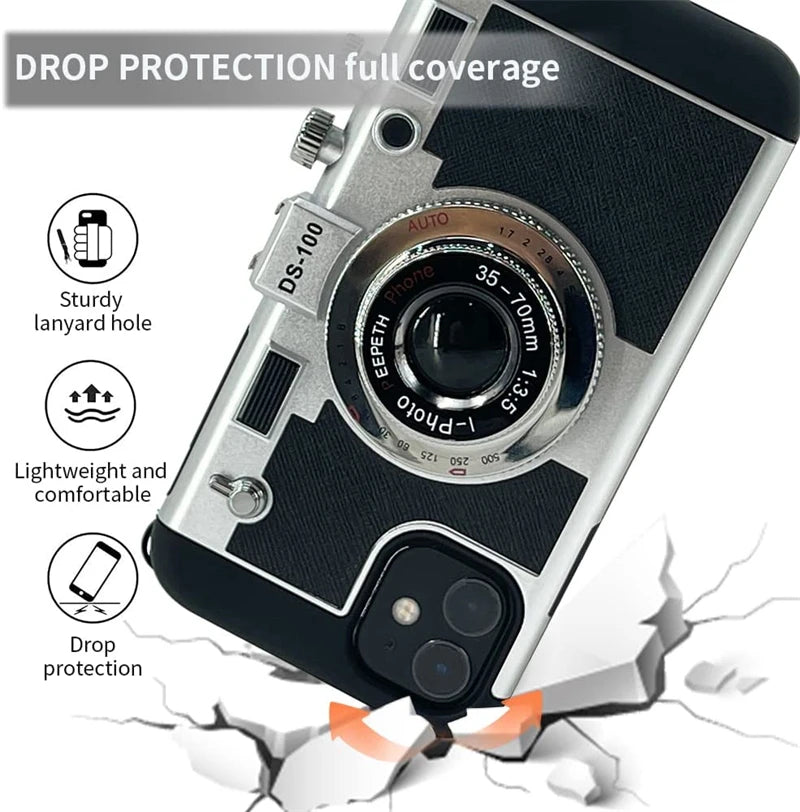 3D Vintage Camera Leather Case with Neck Lanyard For iPhone