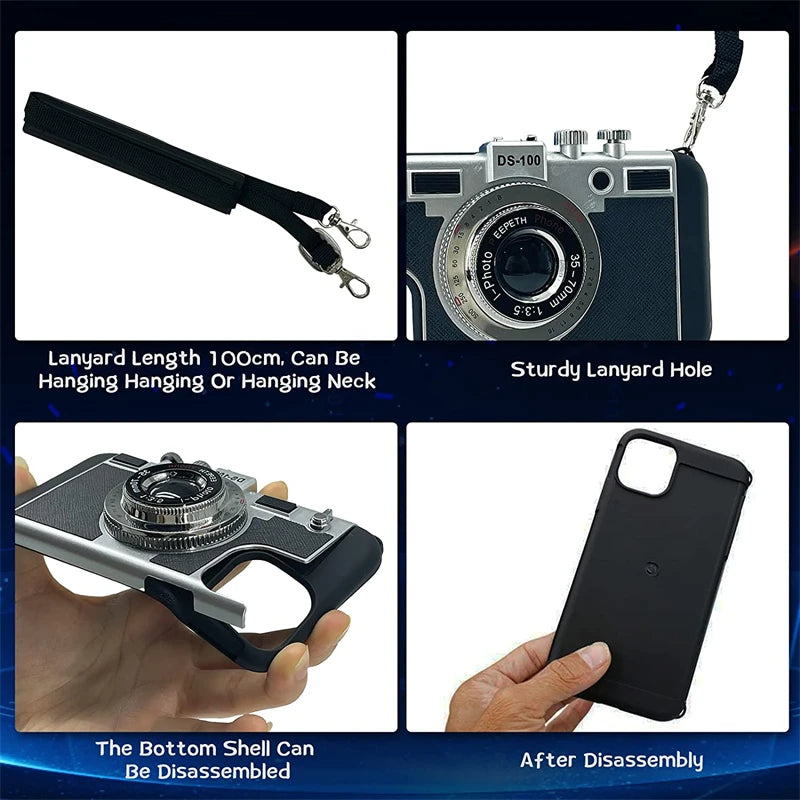 3D Vintage Camera Leather Case with Neck Lanyard For iPhone
