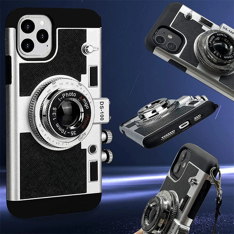 3D Vintage Camera Leather Case with Neck Lanyard For iPhone