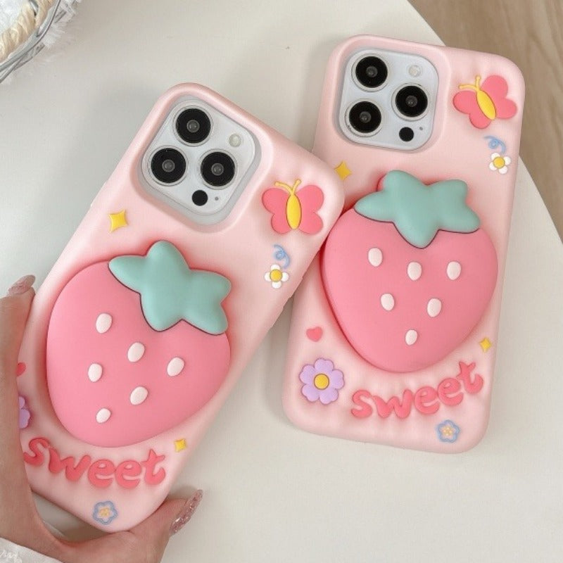 Pink Strawberry Stand Phone Case For iPhone