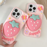 Pink Strawberry Stand Phone Case For iPhone