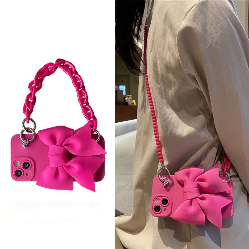 Fluorescent Pink Bow Crossbody Lanyard Phone Case For iPhone