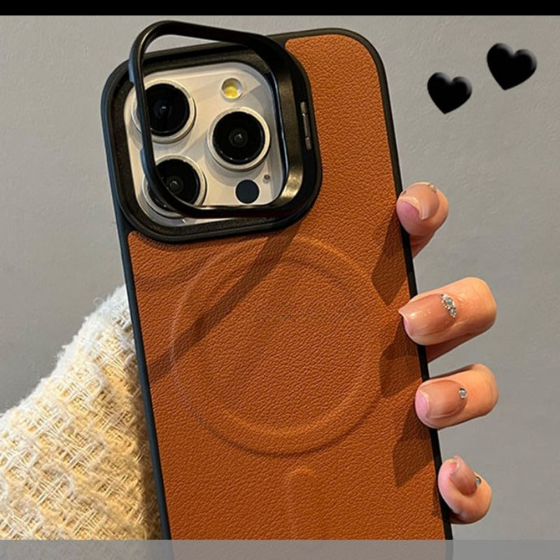 Magnetic Leather Lens Holder Phone Case For iPhone