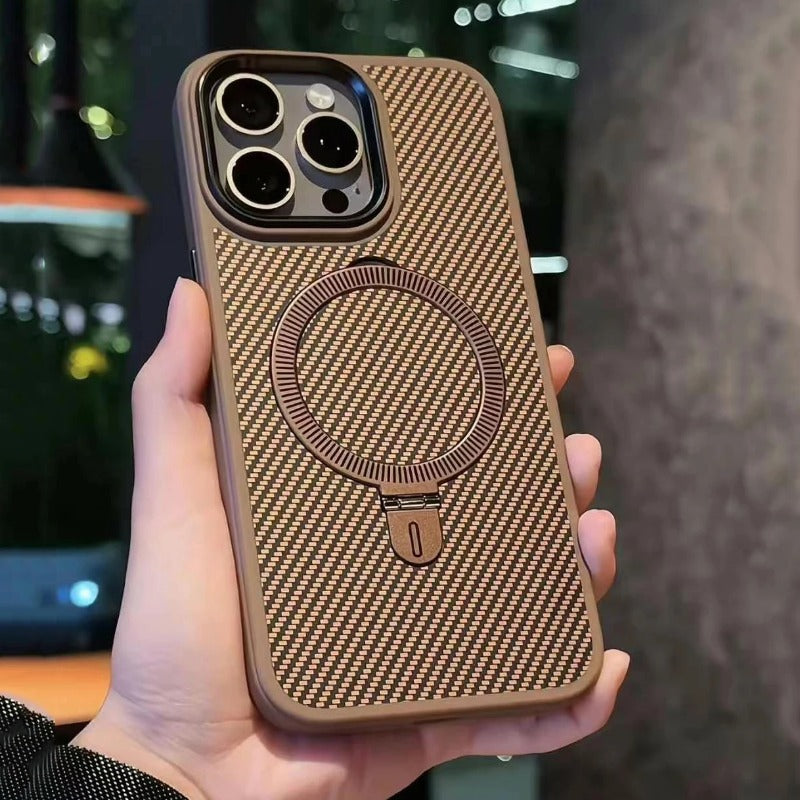 Titanium Gold Carbon Fiber Holder Magnetic Phone Case For iPhone