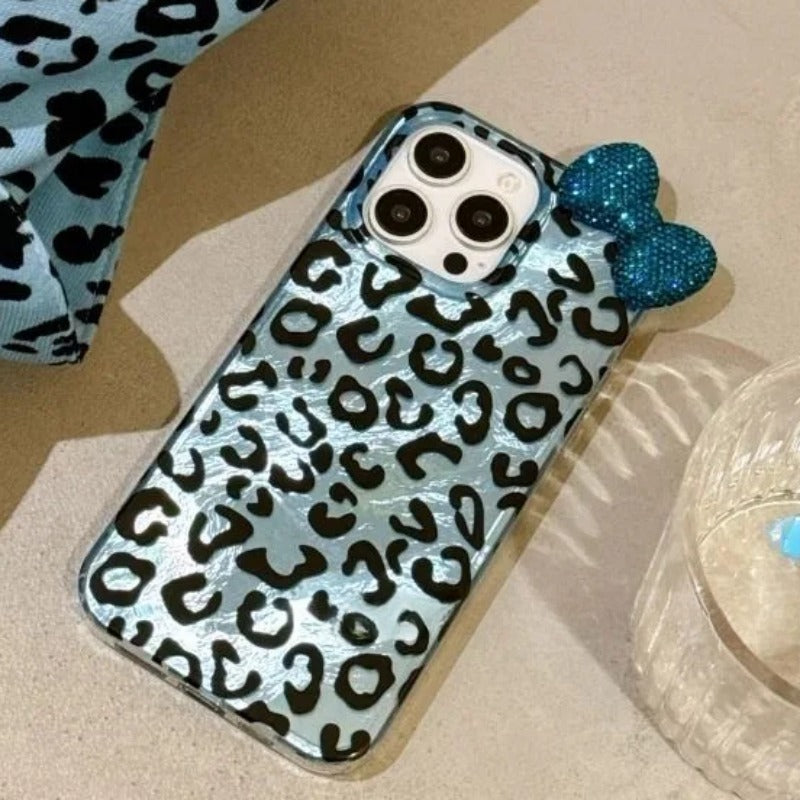 Colorful Leopard Blink Diamond Bowknot Lustre Lining Phone Case For iPhone