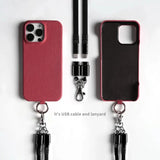 Versatile Lanyard USB Charging Cable Genuine Leather Phone Case For iPhone