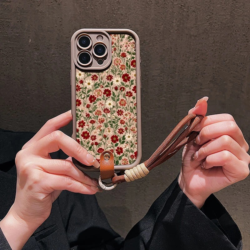 Cute Flower Pattern Lanyard Strap Rope Phone Case For iPhone
