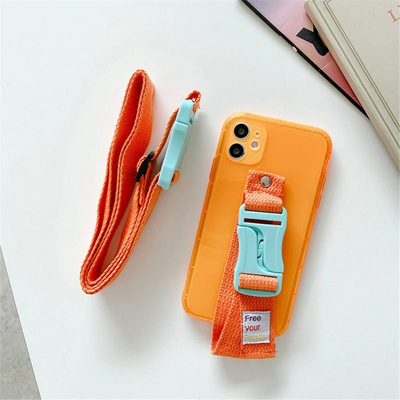 Fluorescent Lanyard Necklace Wrist Strap Holder Case For iPhone