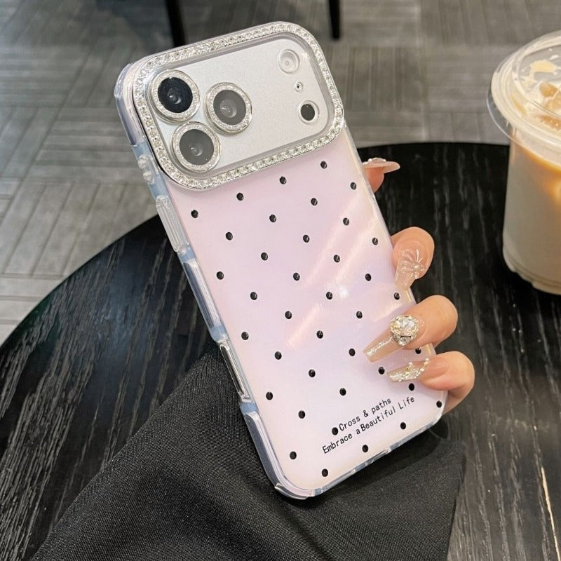 Polka Dot Rhinestone Lens Film Phone Case For iPhone