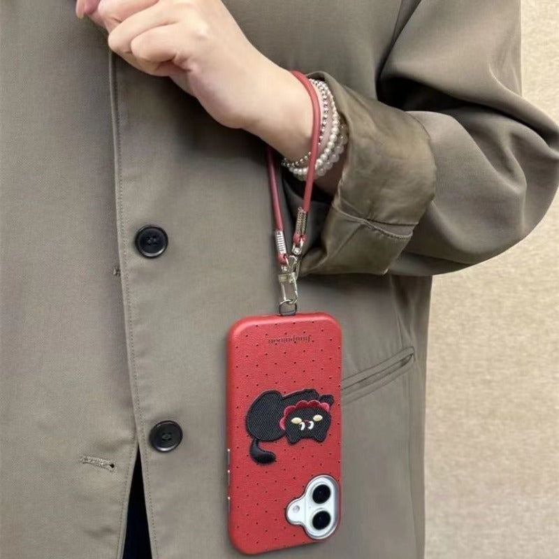 Black Polka Dot Embroidered Cat Crossbody Phone Case For iPhone