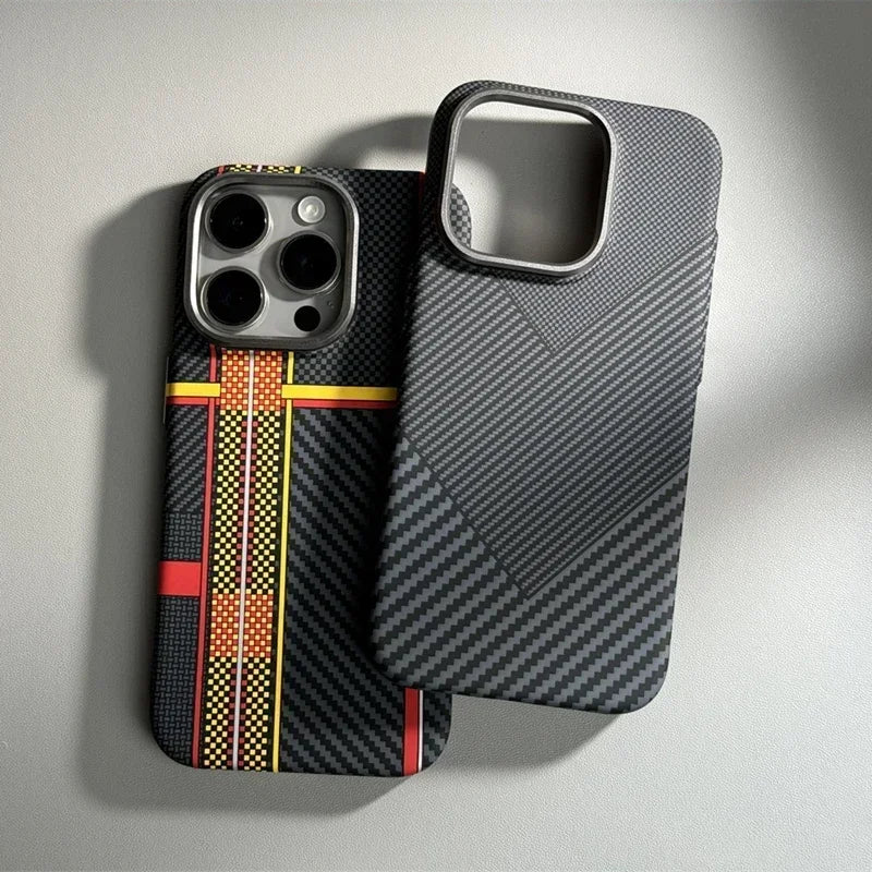 Alloy Lens Hit Color Carbon Fibre Pattern Magnetic Phone Case For iPhone