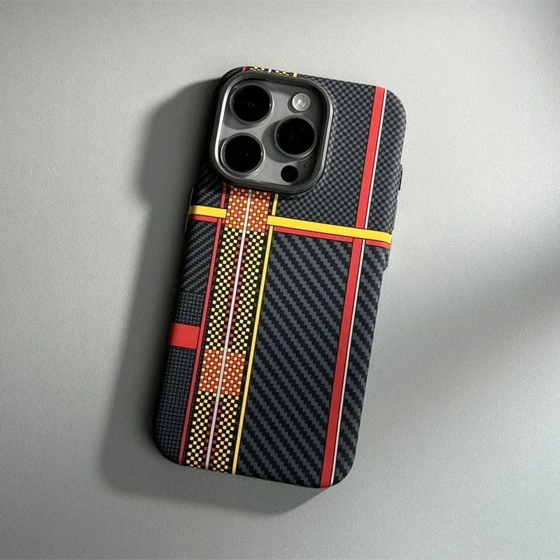 Alloy Lens Hit Color Carbon Fibre Pattern Magnetic Phone Case For iPhone