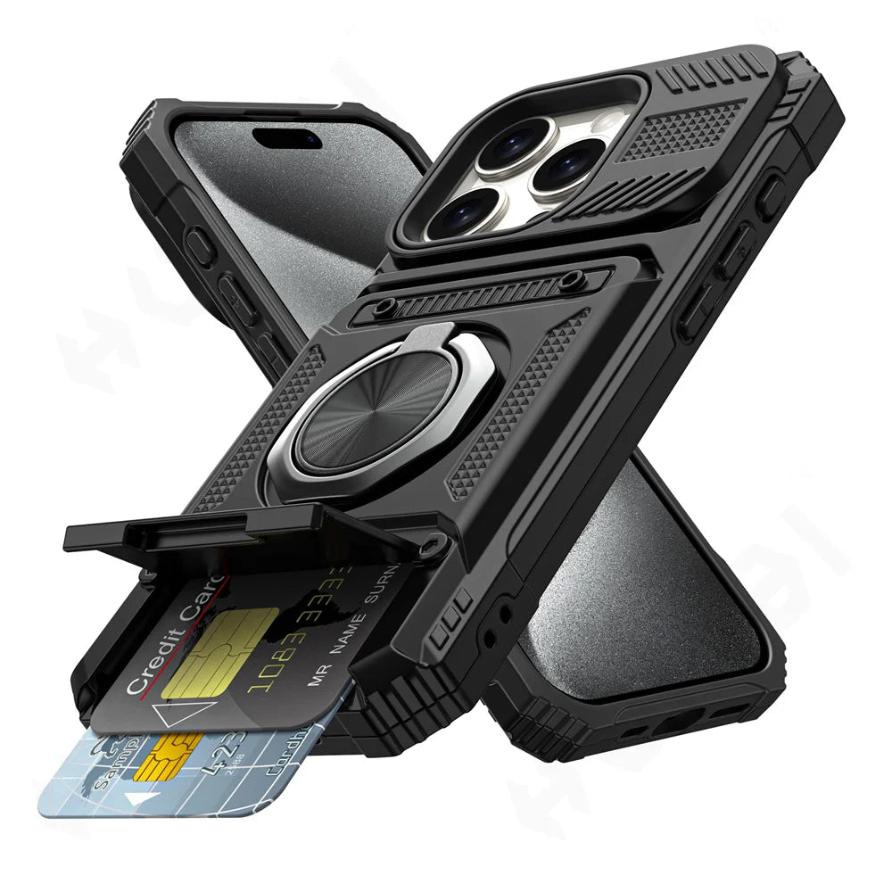 Magnetic Rotated Ring Kickstand Heavy Duty Drop Protection Wallet Case For iPhone