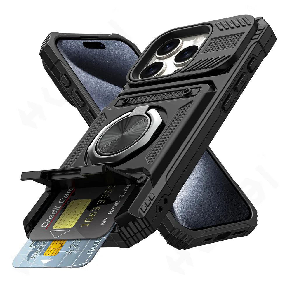 Magnetic Rotated Ring Kickstand Heavy Duty Drop Protection Wallet Case For iPhone