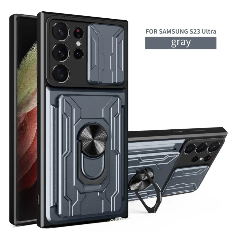 Slide Stand Ring Camera Military Grade Card Slot Case For Samsung