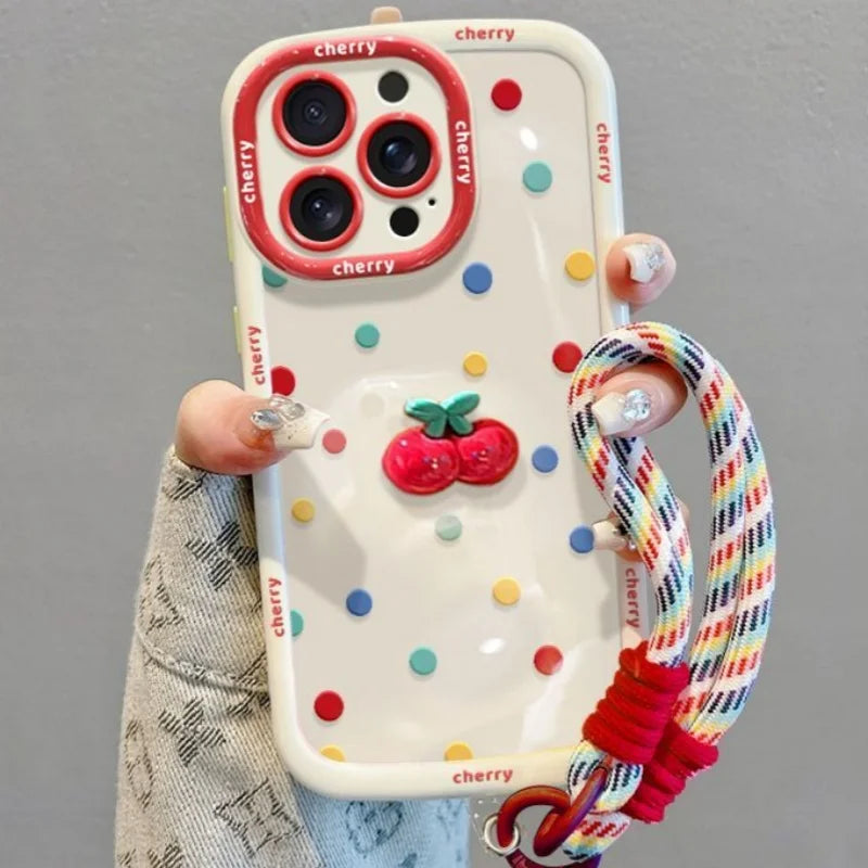 Cream Painted Cherry Doll with Colorful Polka Dot Phone Case For iPhone