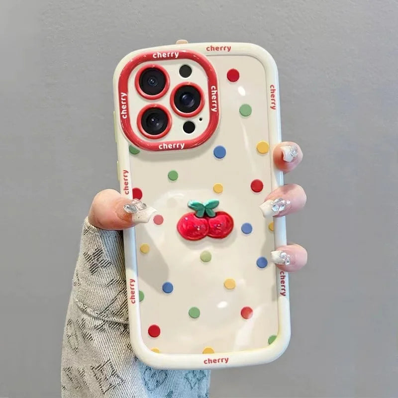 Cream Painted Cherry Doll with Colorful Polka Dot Phone Case For iPhone