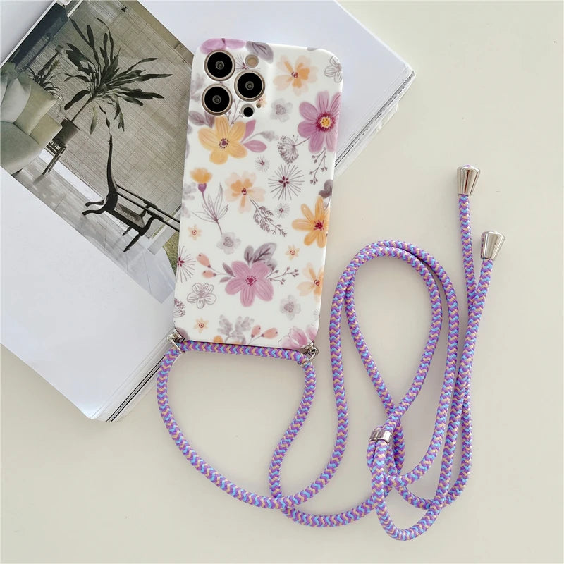 Crossbody Lanyard Strap Flower Phone Case For iPhone