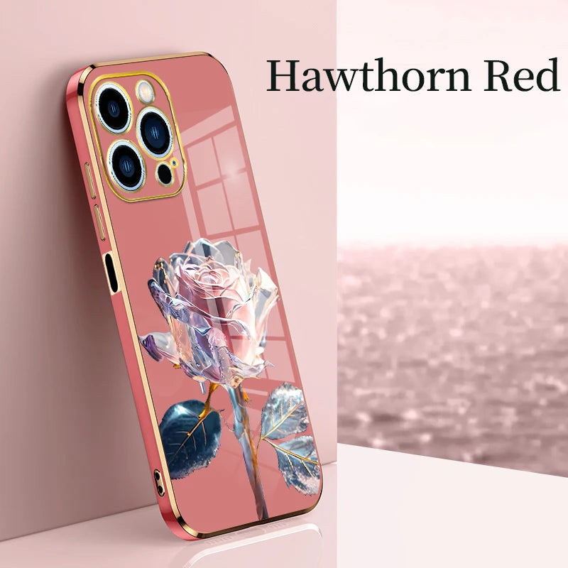 Drop-proof Rose Pattern Electroplated Square Phone Case For  iPhone