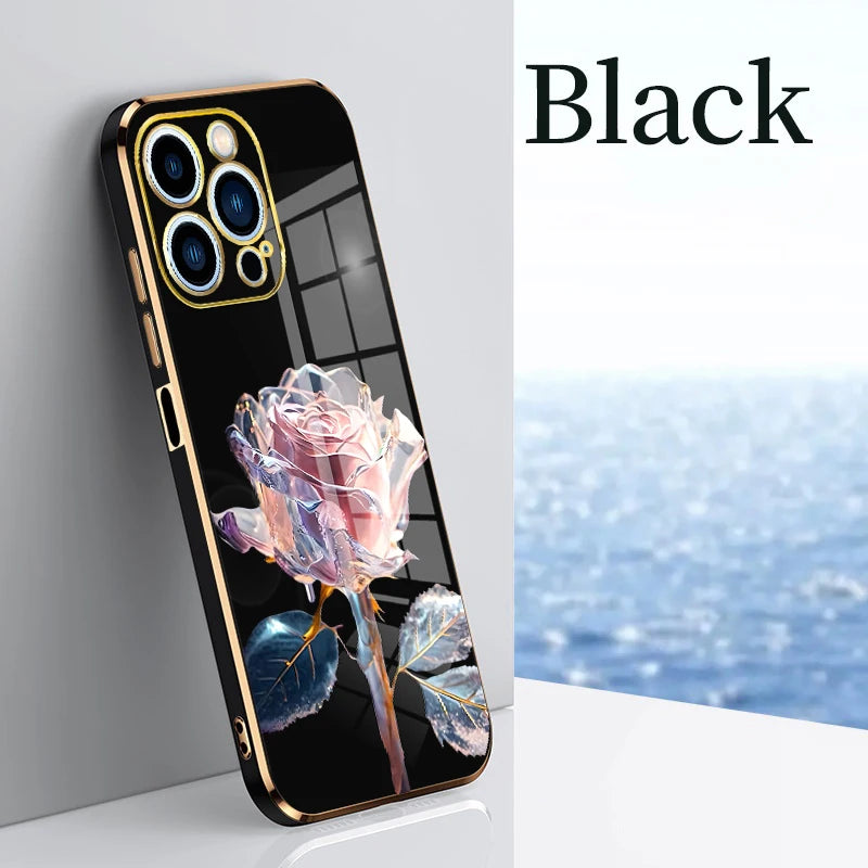 Drop-proof Rose Pattern Electroplated Square Phone Case For  iPhone