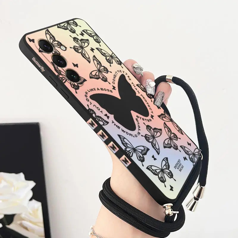 Shining Butterfly Lanyard Silicone Phone Case For Samsung