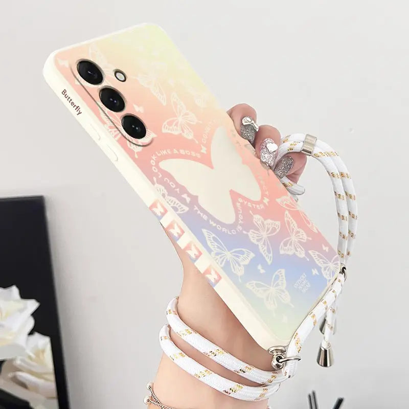 Shining Butterfly Lanyard Silicone Phone Case For Samsung