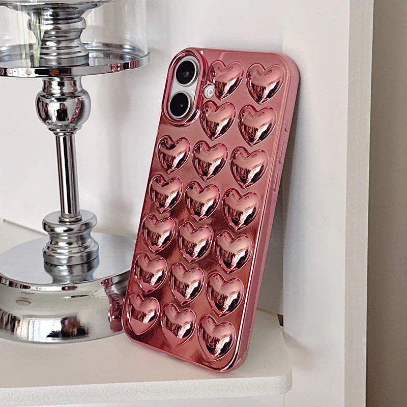 Plating Rose Gold 3D Love Heart Glossy Back Cover Case For iPhone