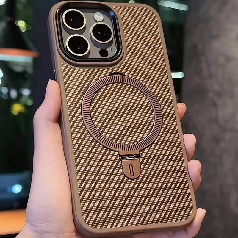 Titanium Gold Carbon Fiber Holder Magnetic Phone Case For iPhone