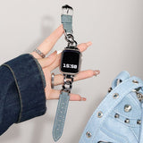 Metal Chain Denim Leather Watch Strap For iWatch