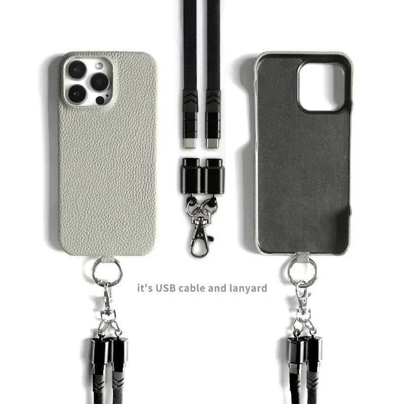 Versatile Lanyard USB Charging Cable Genuine Leather Phone Case For iPhone