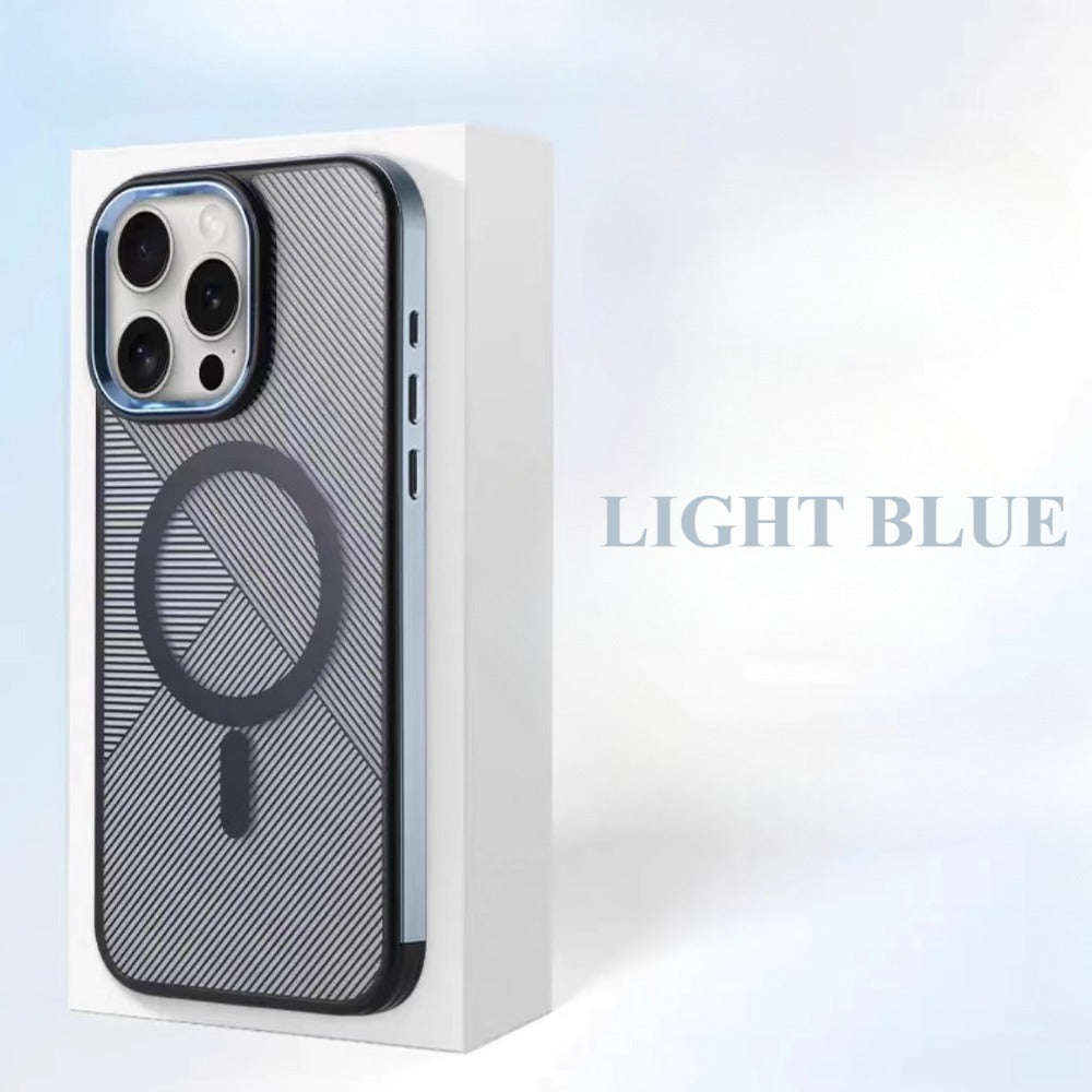 High-transparency Striped Magnetic Metal Lens Frame Mobile Phone Case for iPhone