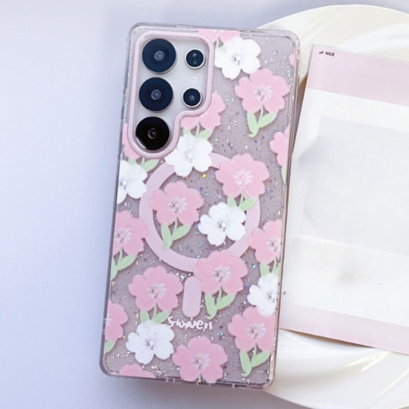 Pink Blue Flower Magnetic Phone Case For Samsung